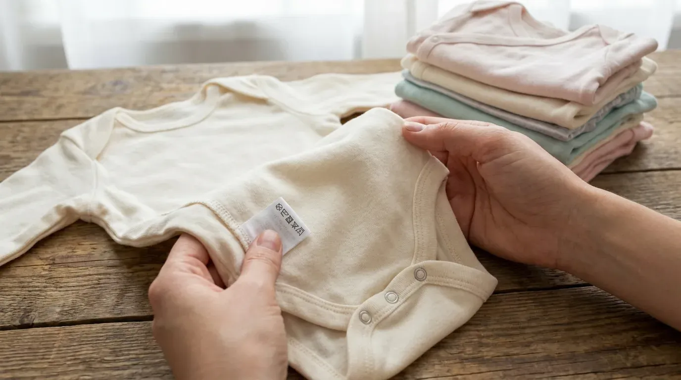 Hände prüfen Pflegeetikett und Druckknöpfe eines Baby-Stramplers