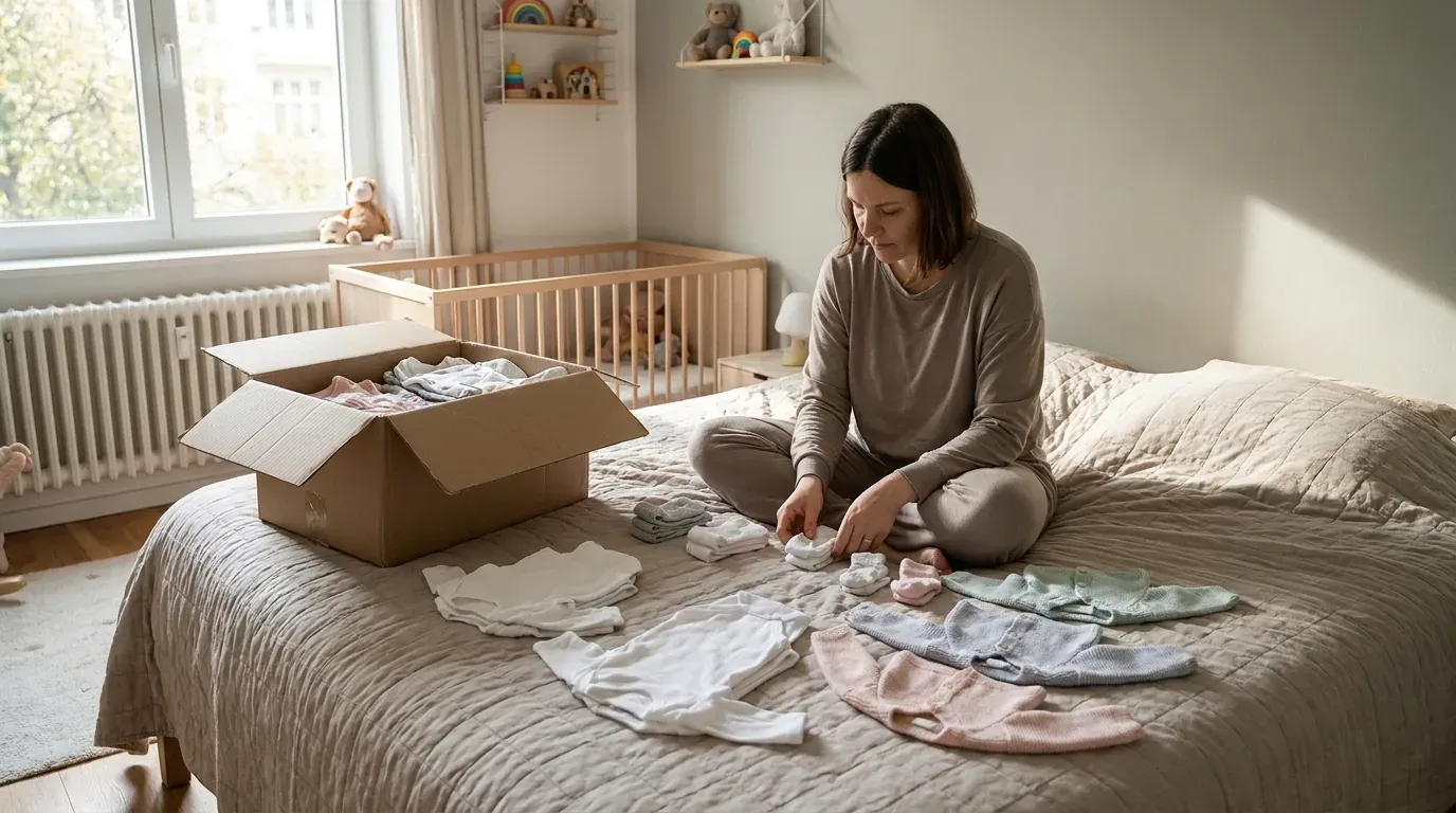 Elternteil sortiert auf dem Bett kleine Babykleidung nach Größen