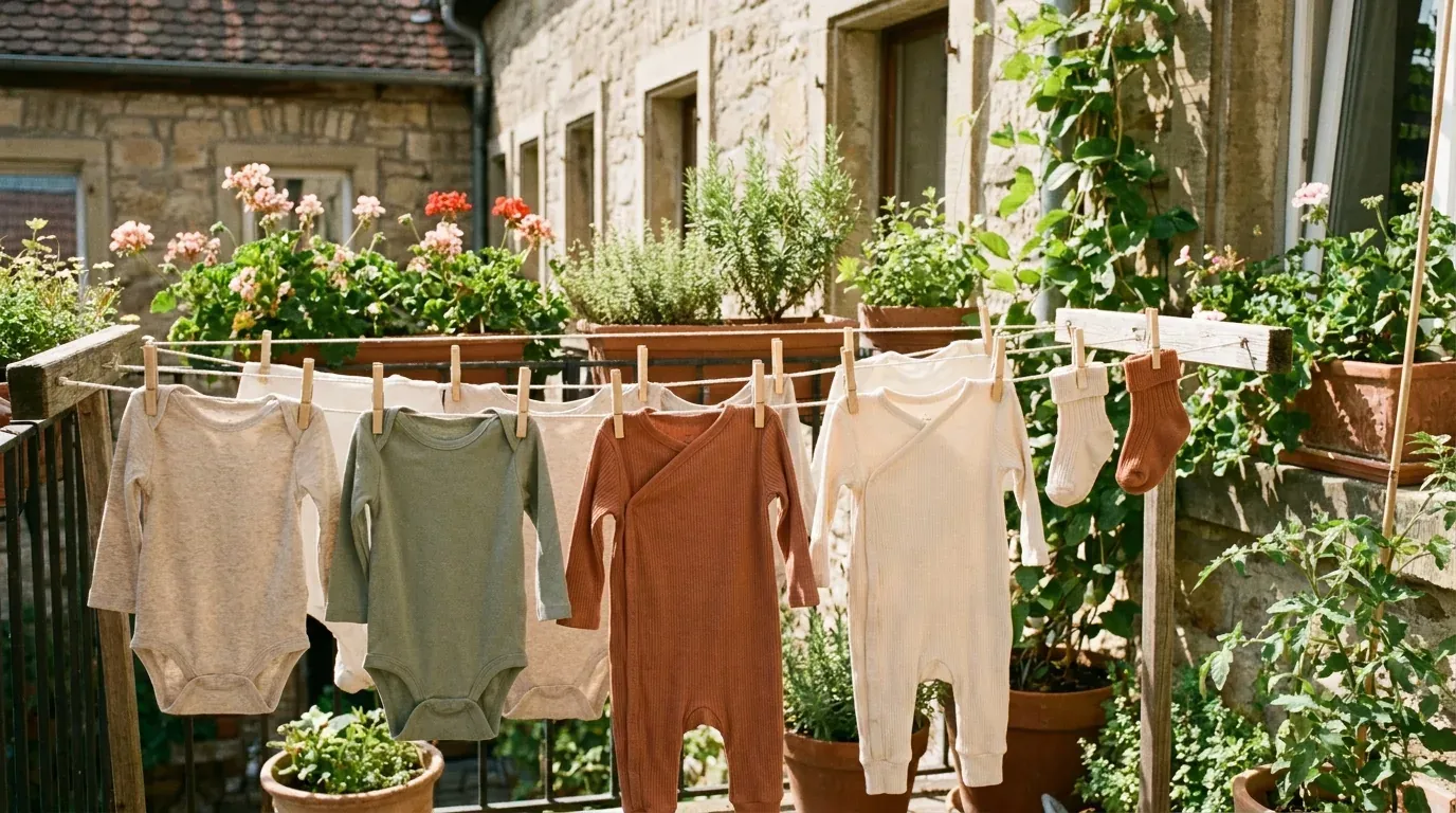 Babybodys und Strampler trocknen auf einer Wäscheleine auf dem Balkon